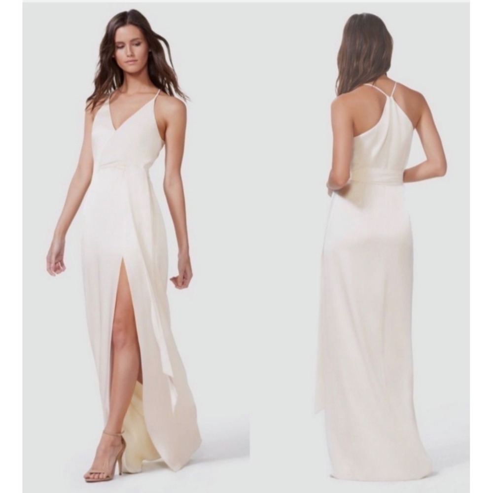 Halston Heritage NWT Long Formal Dress Silky Cream V-Neck Racer Back Leg Slit 12